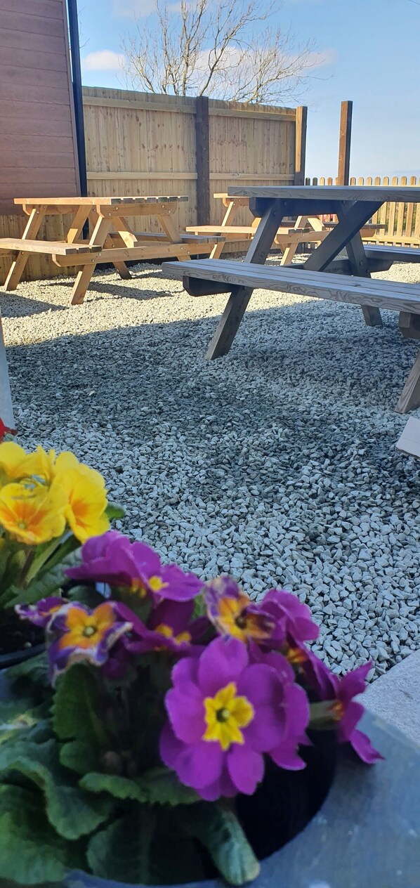 En uteplats med picknickbord och ett underlag av grus.