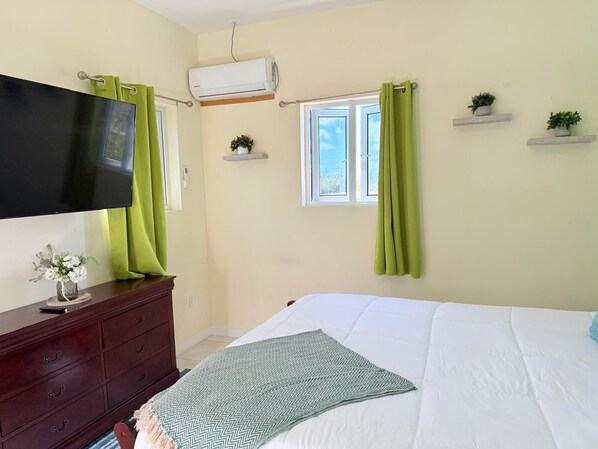 A bedroom with a bed, a dresser, a TV, an air conditioner, a window with curtains, and small potted plants on shelves.
