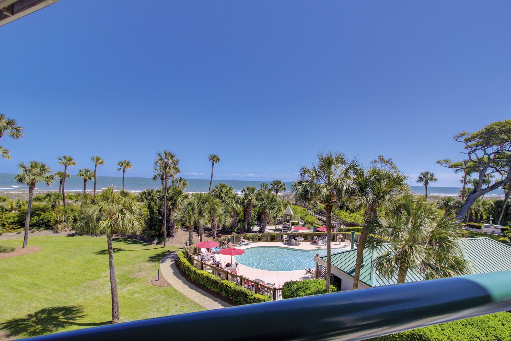 A pool area with a view of the ocean, surrounded by palm trees and a fenced deck with lounge chairs.