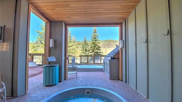 Un espace spa comprenant un jacuzzi, une piscine et une vue sur les arbres et les montagnes.