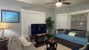 Smart TV, fireplace, books, stereo