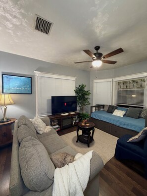 Una Smart TV, una chimenea, libros, un reproductor estéreo