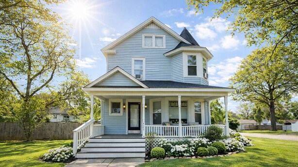 A two-story house with a front porch, a covered entryway, and a small garden with white flowers. - Dexter Victorian Homestead- Brand NEW Remodel April 2026. VERY Clean & Cozy (Dexter)