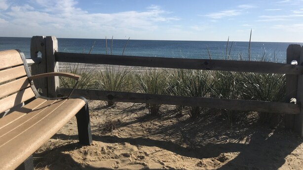 A wooden bench overlooking a sandy beach with a view of the ocean. - Comfy, Remodeled Beach House with Vintage Jersey Shore Charm (Lavallette)