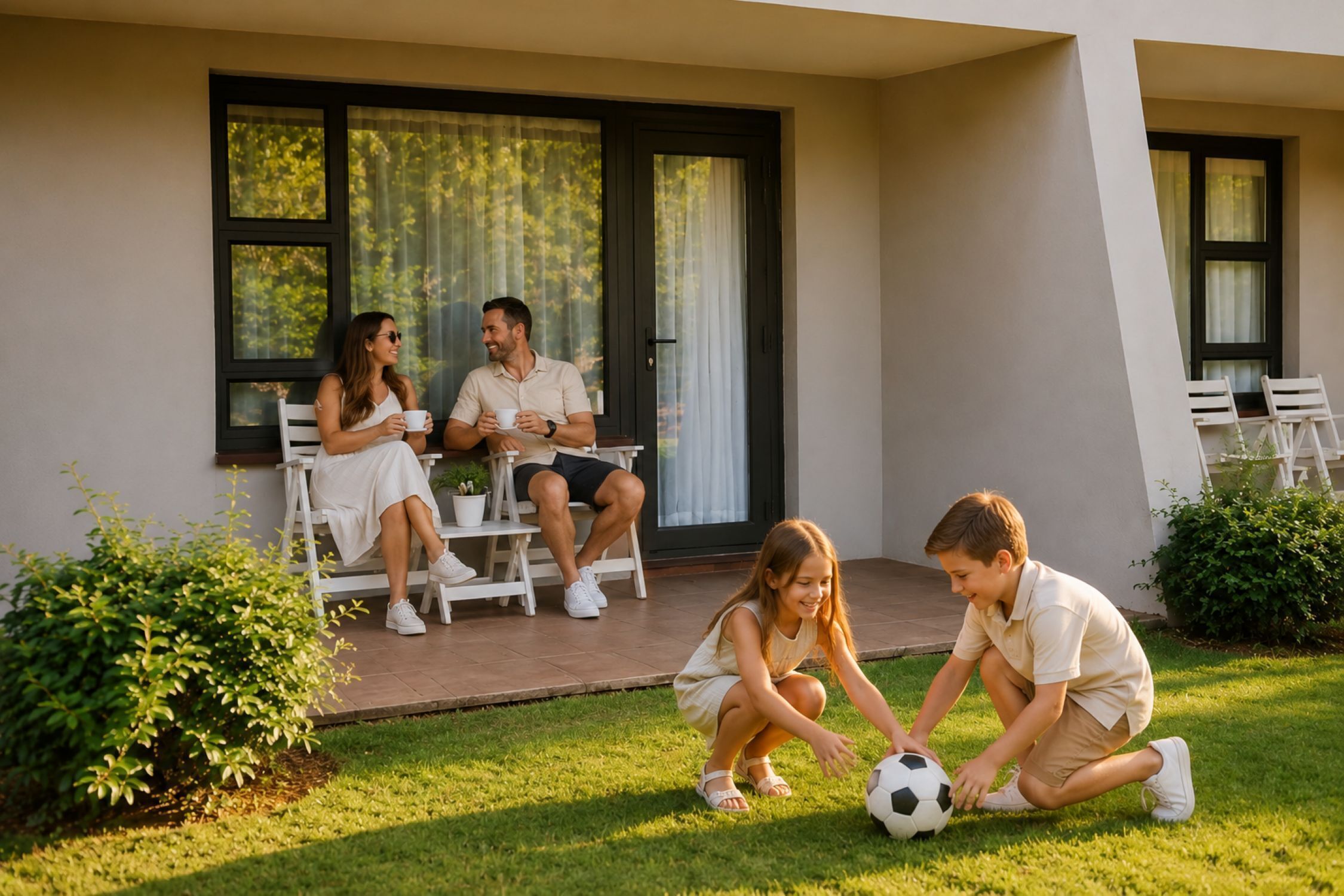 Una familia de cuatro personas en un patio con césped, una mesa de comedor y sillas.