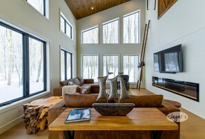 Smart TV, fireplace, books, stereo