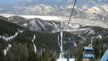 A cable car moving through a mountainous area with snow-covered peaks and dense forests.