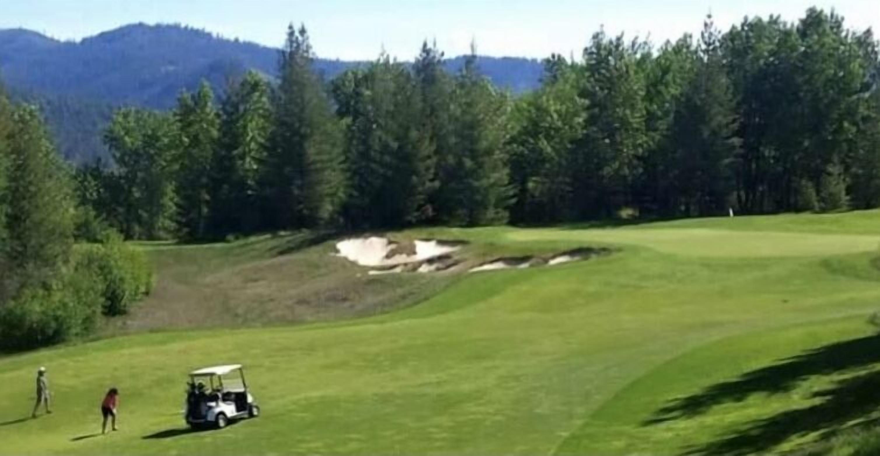 A golf course with a sand bunker, a golf cart, and a person in a red shirt.
