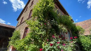 Un edificio histórico de piedra con techo empinado, ventanas amplias y una exuberante hiedra con flores rojas.