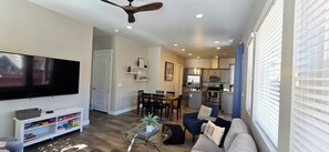 Smart TV, fireplace, books, stereo