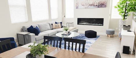 Smart TV, fireplace, books, stereo