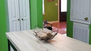 A room with a wooden table, a metal basket, and a white door. - 11NOLA Living In The Heart Of Many Attractions  (New Orleans)