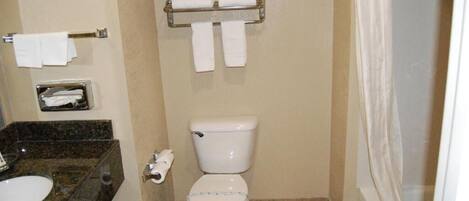 A bathroom with a toilet, sink, and towel rack.