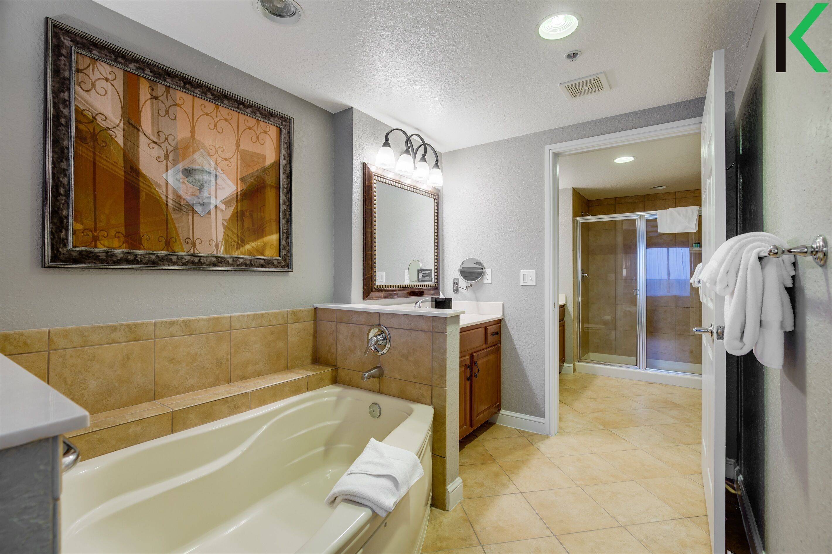 combined shower/bathtub, hair dryer, towels