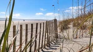 Una valla de madera bordeando una playa con arena y vegetación escasa.