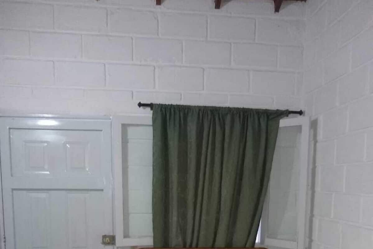 A room with a bed, a window with a green curtain, a white door, and a white brick wall.