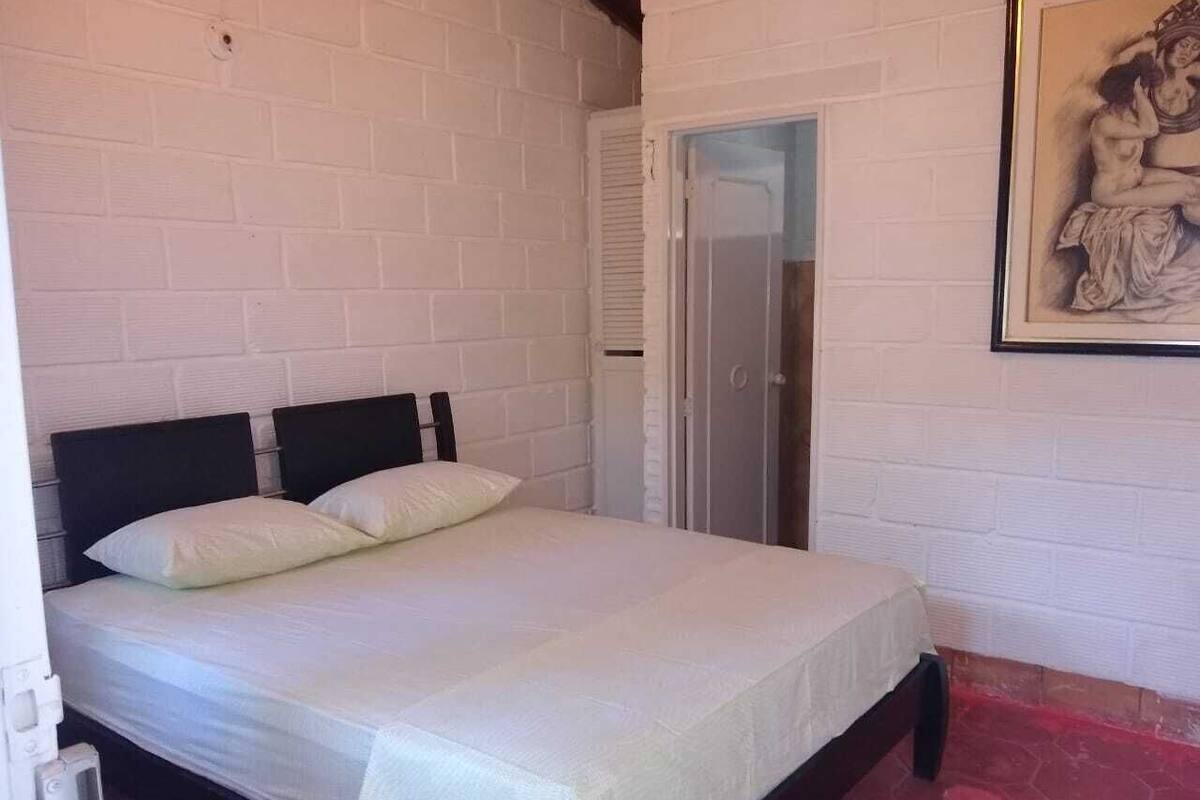 A single bed with a white mattress and two pillows, a wooden headboard, a white brick wall, and a door with a glass panel.