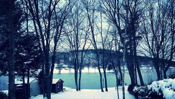 A snow-covered landscape with trees and a body of water in the background. - Amazing Mattawa Riverfront, Mountain View Home, Close to Adventures & Amenities (Mattawa)