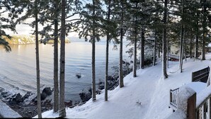 Un terrazzo innevato con vista su un lago e una foresta.
