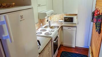 Fridge, microwave, dishwasher, cookware/dishes/utensils