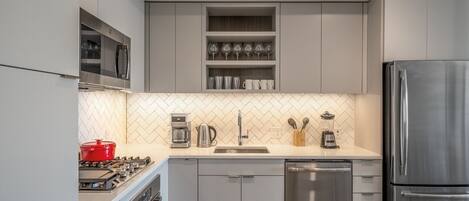 Fridge, microwave, oven, dishwasher