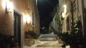 Une ruelle étroite avec des marches en pierre menant à l’entrée d’un immeuble, bordée de plantes en pot et éclairée par des lampadaires.