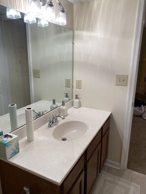 Combined shower/bathtub, jetted bath, hair dryer, towels