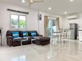 Family Villa, 2 Bedrooms, Private Pool | Living room | 49-inch flat-screen TV with digital channels, TV, Netflix