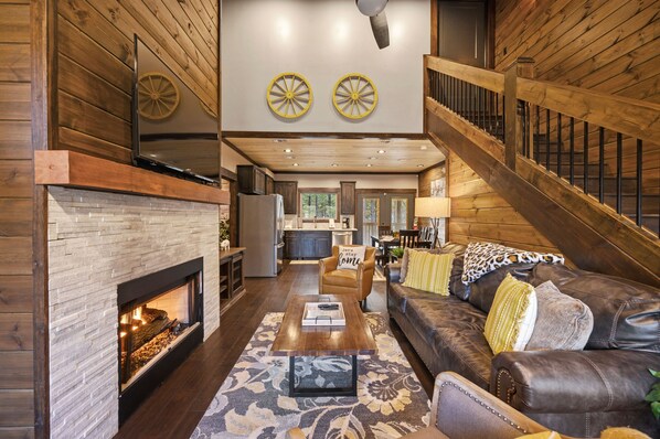 Smart TV, fireplace, foosball