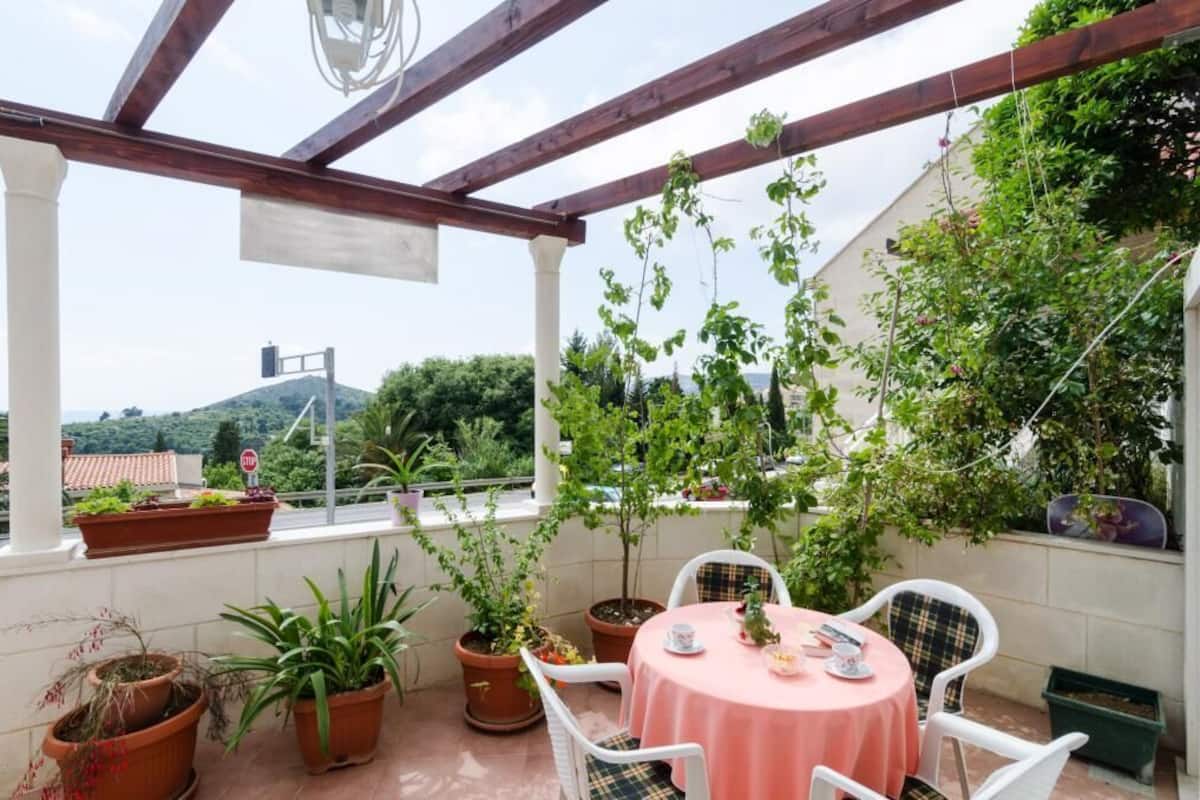 A covered patio with a table and chairs, surrounded by potted plants and a view of the landscape.