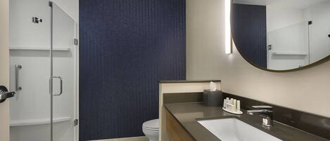 A modern bathroom with a glass shower enclosure, a white toilet, a large mirror, and a dark blue textured wall.