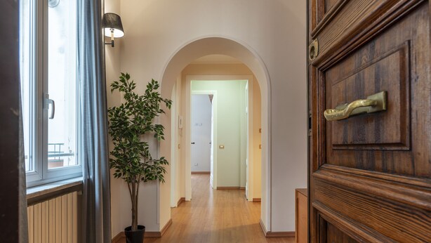 Un pasillo con una puerta de madera, una planta en maceta y un radiador.