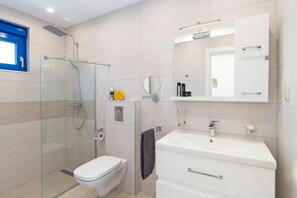 Combined shower/bathtub, hair dryer, towels, soap