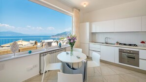 A modern kitchen with white cabinets and a view of the sea.