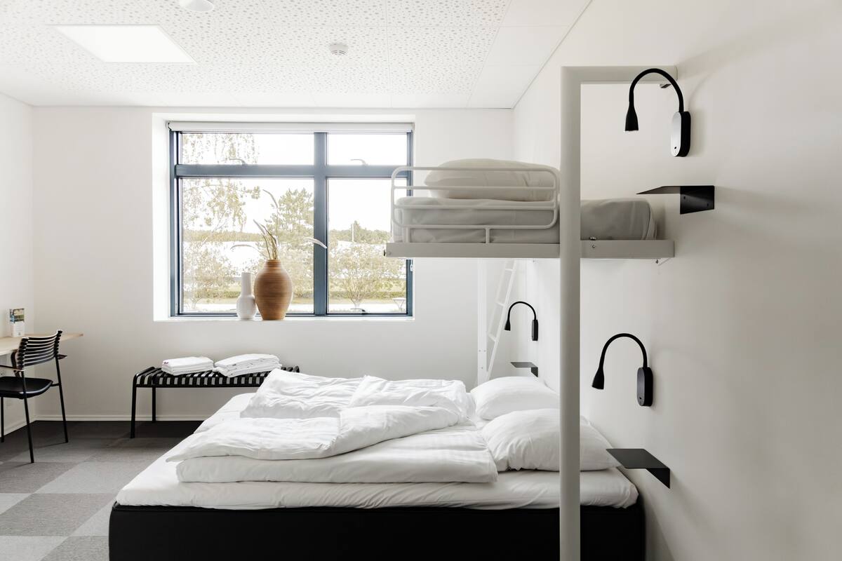 A bunk bed with white bedding, a desk with a chair, a window with a view of trees, and a hanging plant.