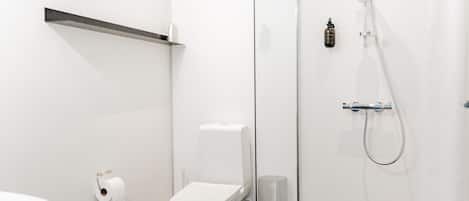 A modern bathroom with a toilet, a shower, and a toilet paper holder.