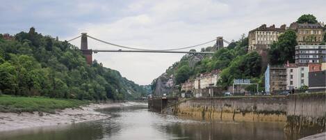 A river with a bridge, buildings, and greenery.