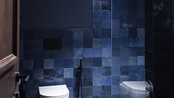 Une salle de bain avec un puits de lumière, des toilettes et un bidet.