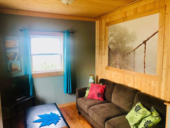 A cozy room with a wooden ceiling, a brown sofa with floral cushions, a small table with a blue leaf decoration, a window with blue curtains, and a wall-mounted TV.
