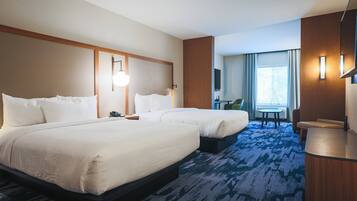 Desk, laptop workspace, blackout curtains, iron/ironing board