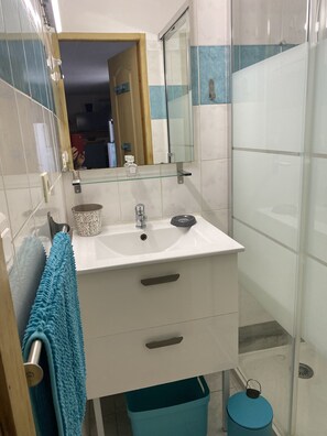 Bathroom features a sink, mirror, glass shower, and towel rack.