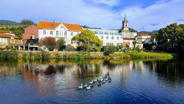 A river with ducks, buildings, and a church. - C&C apartment (Arcos de Valdevez)