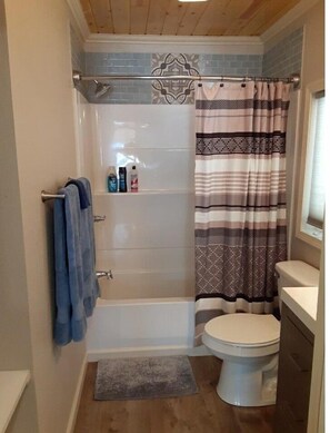 Combined shower/tub, hair dryer, towels, soap