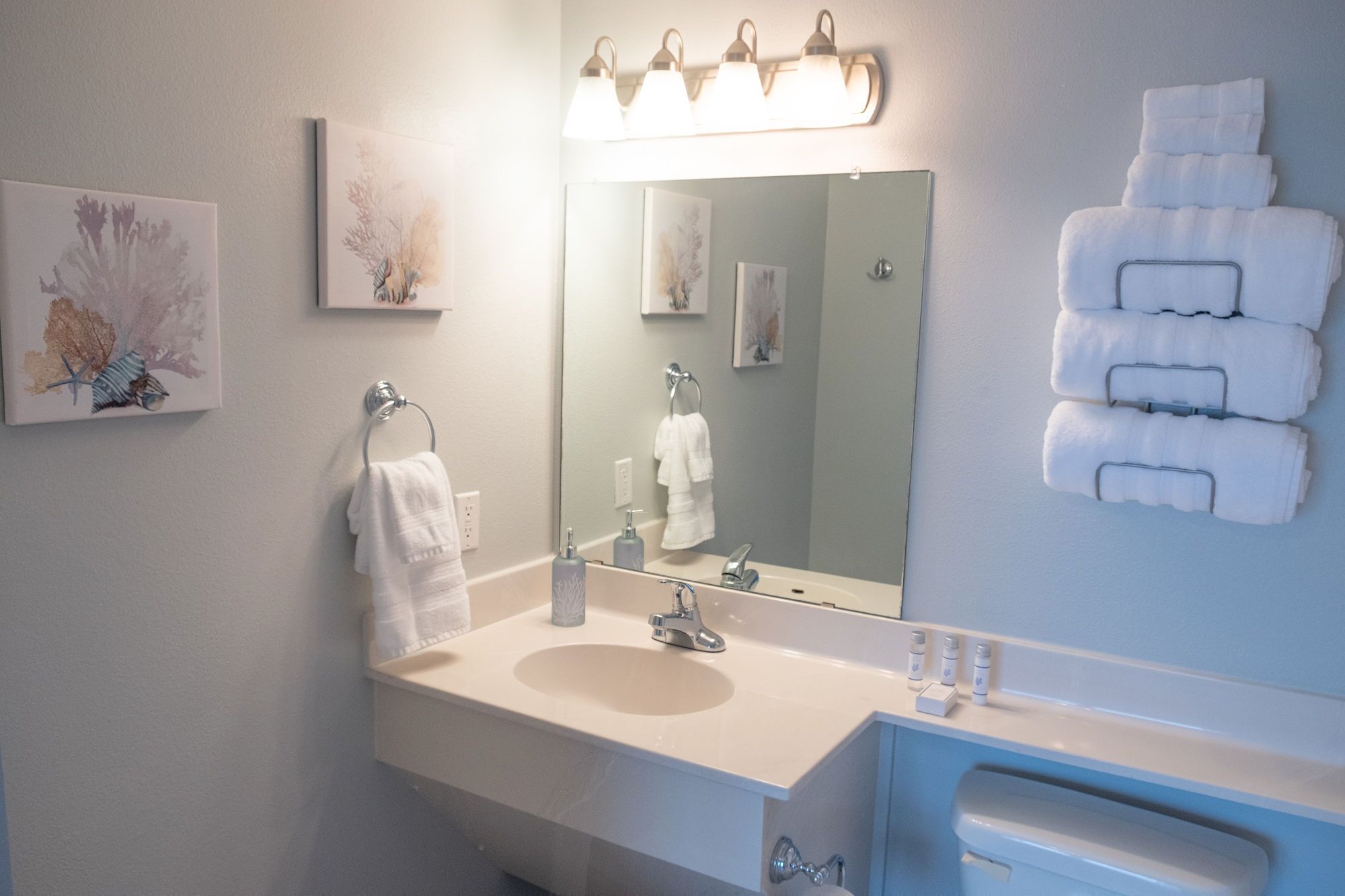 A bathroom with a sink, mirror, towel rack, and wall-mounted light fixture.