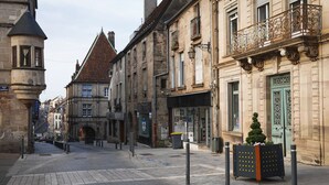 A historic street with traditional architecture, cobblestone pavement, and a small planter with a tree. - JOSEPHINE BEDROOM  (Luxeuil-les-Bains)
