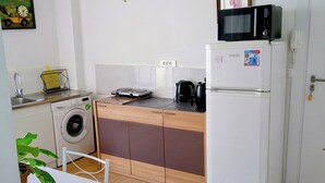 A compact kitchenette with a microwave, kettle, and small sink. - Apartment with garden near Maisons-Alfort veterinary school, metro 8 (Maisons-Alfort)