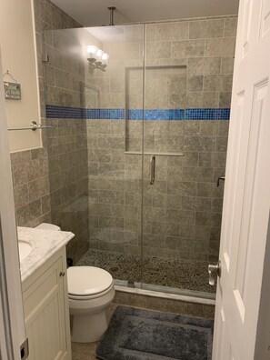 Shower, hair dryer, towels, soap