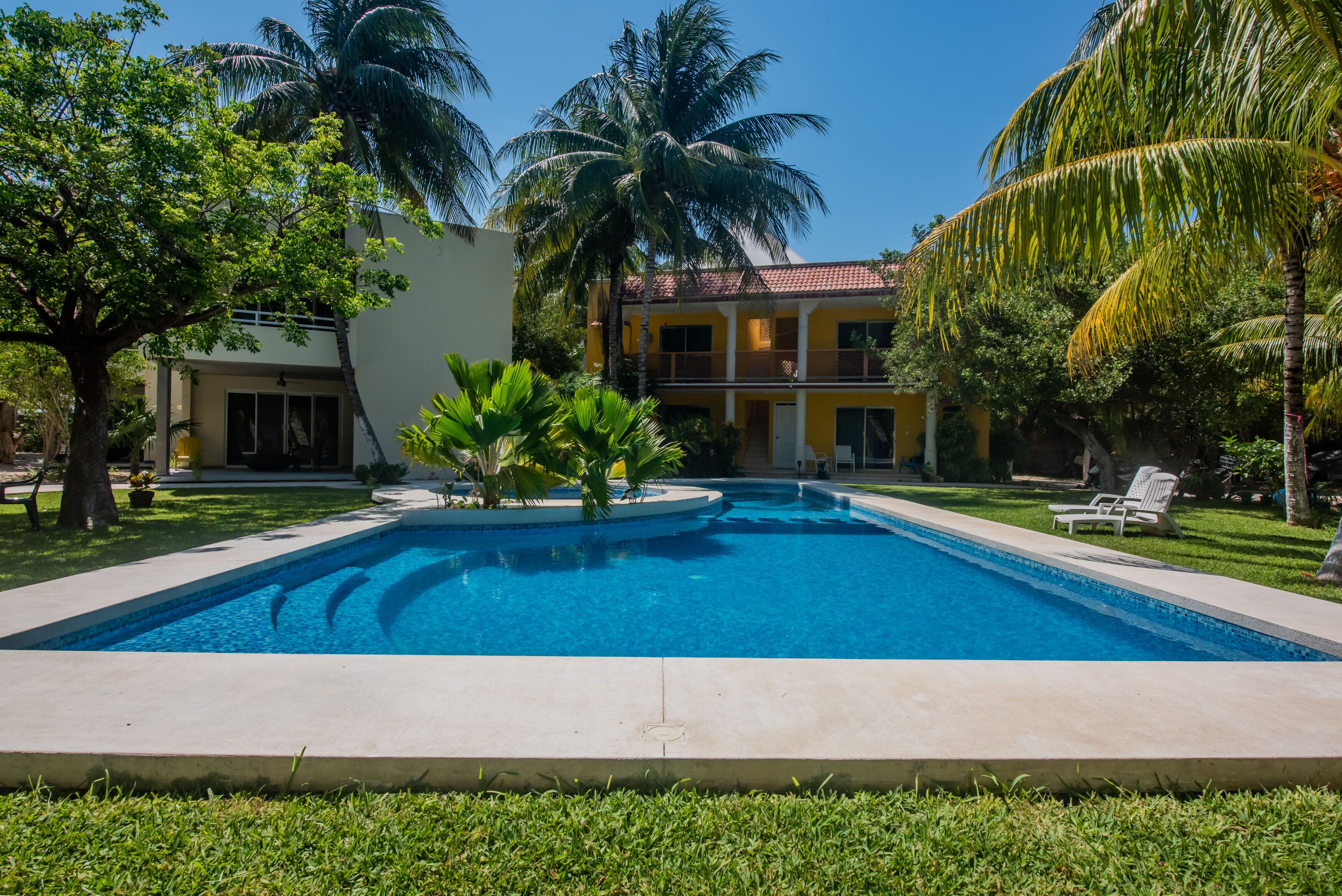 A swimming pool surrounded by palm trees and a building with a tiled roof.