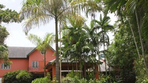 A red building with a balcony, surrounded by lush greenery and palm trees. - Pulse Suites at Villa Ronai (Kingston)