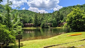 A private dock for use of the Woods Association, surrounded by lush greenery and a calm lake, with buildings in the background. - King Ensuite+Resort Access 1.5m+Waterfalls/hiking (Sapphire)